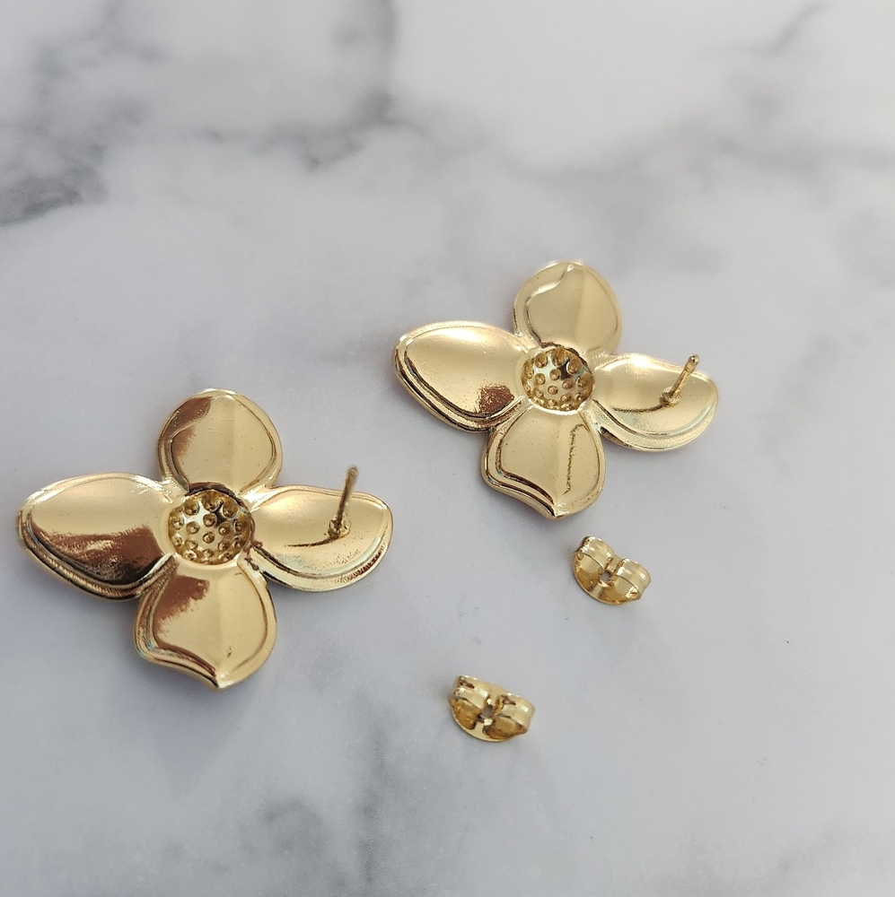 Gold & Pink Enamel Floral Stainless Steel Stud Earrings - Picture 4 of 10